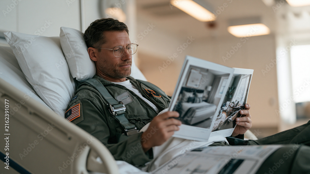Obraz premium A helicopter pilot lying back on a hospital bed in full flight suit reviewing a serene bedroom sleep sanctuary design catalog, the solitary figure surrounded by aviation charts