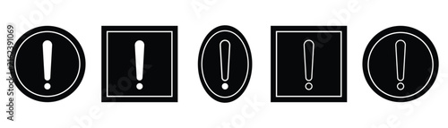 Exclamation marks icon in black color. Caution alarm set, danger signs. Attention symbols. Warning and attention icons in glyph design. Vector illustration.