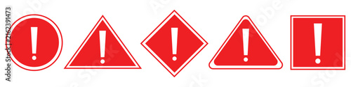 Exclamation marks icon in red color. Caution alarm set, danger signs. Attention symbols. Warning and attention icons in glyph design. Vector illustration.
