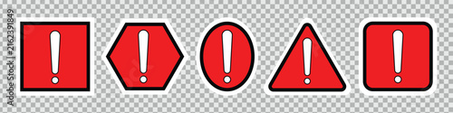 A set of red exclamation mark icons within square, hexagon, triangle and oval shapes. presented on a transparent background, signifying alerts or important messages.
