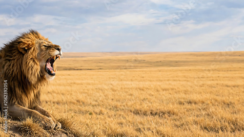 Majestic male lion roars in the African savanna under a vast sky, embodying strength and wild nature