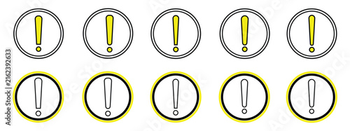 Exclamation mark in the center of different design outline circles, symbolizing caution or alertness. vector illustration 