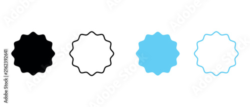 Starburst badge and seal icon set in black and blue outline and filled styles for discount offers and promotions.