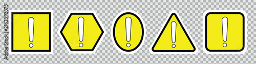 A set of yellow exclamation mark icons within square, hexagon, triangle and oval shapes. presented on a transparent background, signifying alerts or important messages.