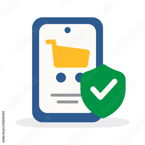 Mobile online shopping protection and secure payment flat vector icon