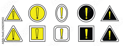 Exclamation mark icon set in yellow color. Hazard warning attention sign circle, triangle, oval and square with exclamation mark symbol. Vector illustration