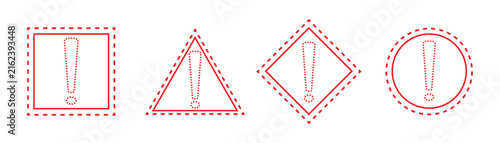 Red exclamation mark in the center of different dashed line shapes, symbolizing caution or alertness. Warning sign isolated on white background. eps10