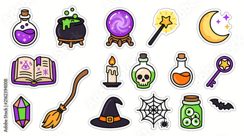 Картината върху платно Halloween witch stickers set, magic wizard elements vector, spooky cartoon icons