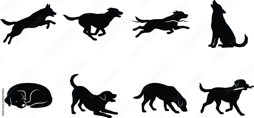 Obraz premium Black and white vector icons set of dog silhouettes showing different actions and poses