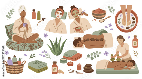 Obraz na plátně Spa day with people receiving treatments for relaxation and wellness