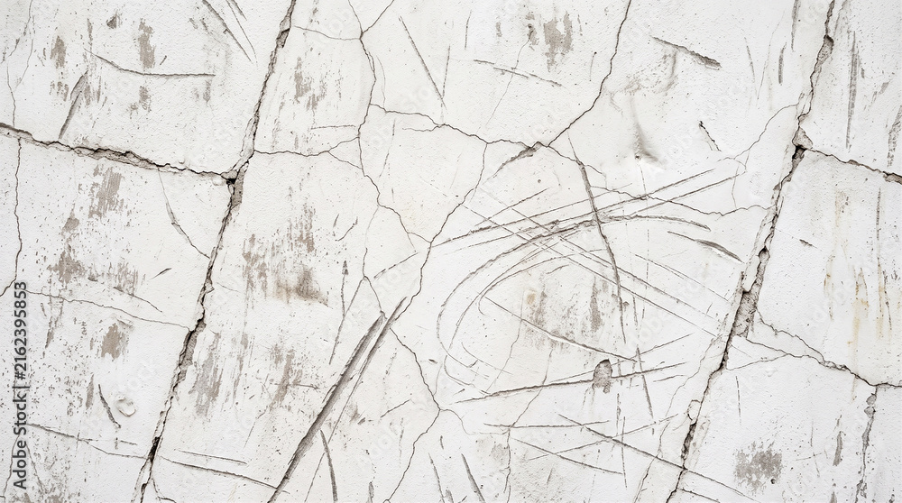 Obraz premium White Distressed Cracked Wall Texture with Random Scratches, Rough Concrete Surface, Grunge Background and Weathered Abstract Pattern