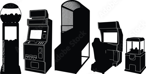 Canvas Print Arcade Game Machine and Amusement Equipment Black Silhouette Collection for Ente