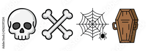 Collection of halloween vector icons including skull crossbones spider web and wooden coffin design