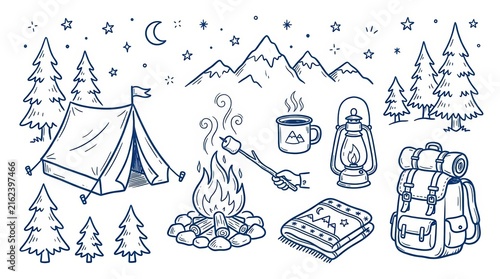 Camping and hiking doodle set, isolated on white background