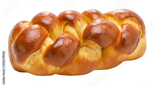 Photography Golden brown braided challah bread loaf, delicious baked pastry isolated on tran