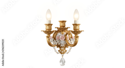 Quadro su tela Ornate golden wall sconce with two lights and porcelain roses