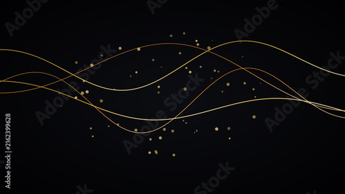 Abstract golden light waves with glowing particles on a dark black background