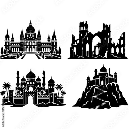 Black silhouette castle icons, set of 4 architectural palace vectors. Ancient ruins and fortress landmarks. Medieval and oriental building graphics.