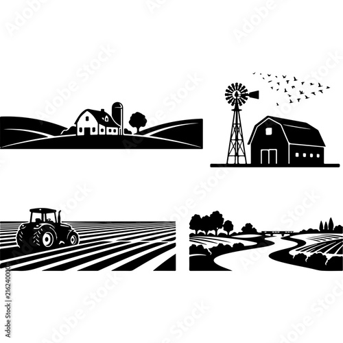 Vintage farm landscape vector set, rustic barn and tractor silhouettes, 4 rural agriculture illustrations for organic food branding
