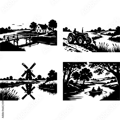 Vintage rural landscape illustrations, black and white farm scenery vector set, rustic countryside windmill and tractor icons