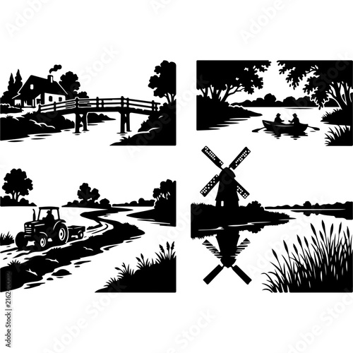 Vintage rural landscape silhouettes, rustic farm scenery with windmill and tractor, 4 country life vector illustrations