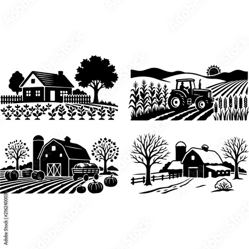 Vintage farm landscape icons, rustic barn and tractor silhouettes, 4 agricultural vector scenes for rural branding