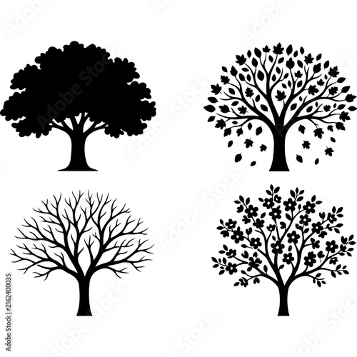 Black tree silhouettes set, four seasonal nature icons, minimalist oak and flowering tree vectors for landscape design
