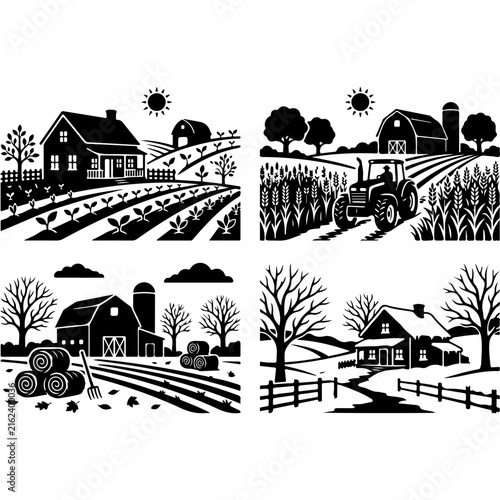 Vintage farm landscape vector set, rustic countryside barn and tractor illustrations, black and white agricultural scenery collection