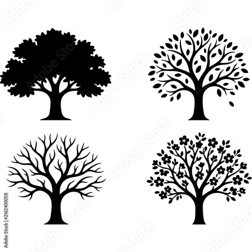 Black tree silhouettes set, 4 seasonal tree icons vector, minimalist nature botanical elements for logo design and landscaping graphics
