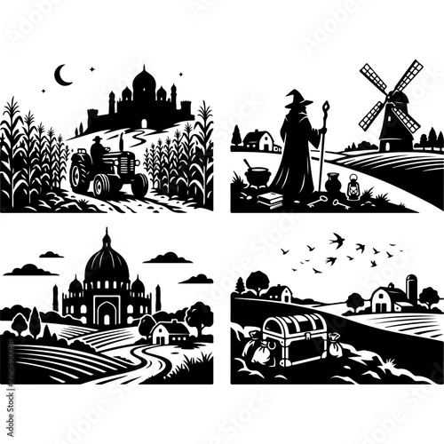 Vintage woodcut landscape icons, black and white linocut illustrations, set of 4 rustic farm and fantasy scenes for storytelling