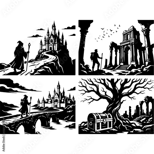 Fantasy adventure vector illustrations, medieval quest scenes set, black and white wizard and castle landscape graphics