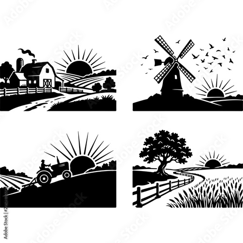 Vintage farm landscape silhouettes, rustic countryside scenery with barn and windmill, 4 black and white vector illustrations