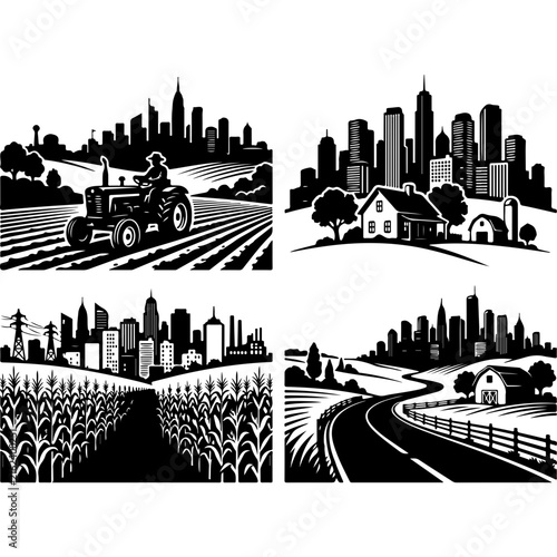 Vintage farm and city skyline silhouettes, rustic agricultural landscapes with urban backdrops, 4 black and white vector illustrations
