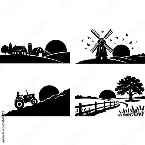 Vintage farm landscape silhouettes, 4 rural countryside vector scenes. Black barn and windmill icons. Agriculture sunset graphics.