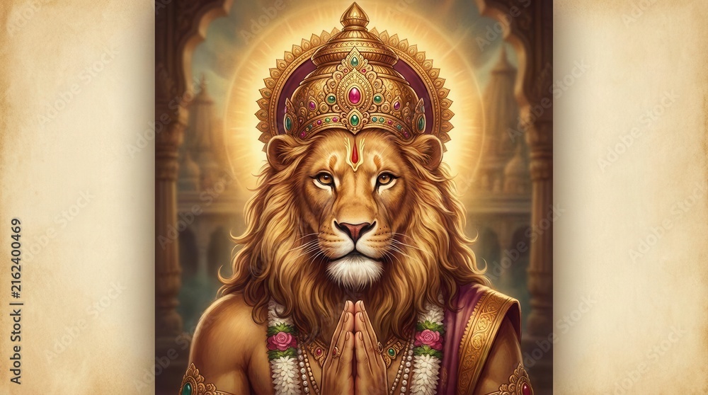 Fototapeta premium Majestic Anthropomorphic Lion Deity in Reverent Gesture with Golden Crown
