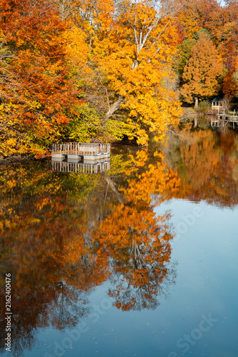 Calm river surrounded by colorful autumn trees in Skåne, Sweden. Peaceful seasonal landscape, creating a scenic atmosphere for outdoor recreation and travel.