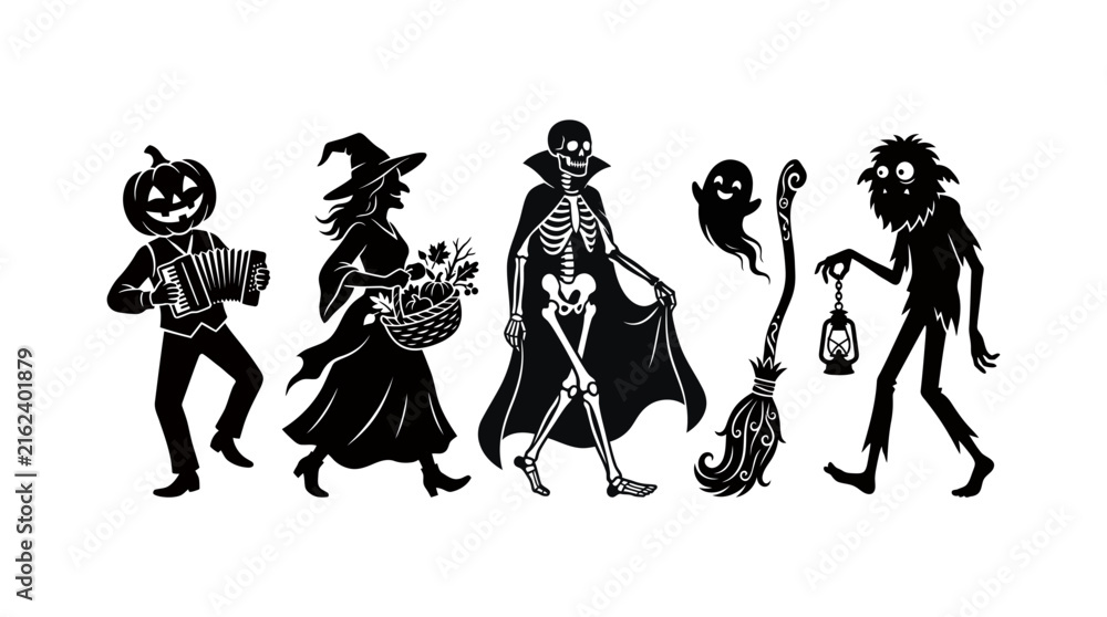 Fototapeta premium A spooky silhouette parade classic halloween characters ready for trick or treating and festive fun