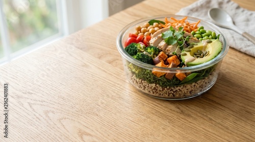 Glass bowl filled with balanced lunch ingredients sits on a wooden table. Natural light illuminates this nutritious meal prep concept.