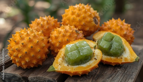 Fresh African horned melons, also known as kiwano, arranged on a rustic wooden table, with vibrant orange spiky skin and green juicy flesh visible in the cut fruit.