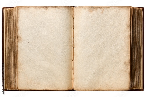 An Open Antique Book with Blank Aged Pages on a White Background.