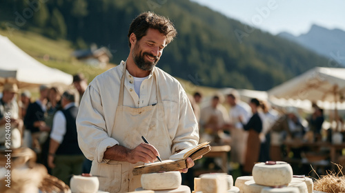Cheesemonger counting retail inventory in an outdoor alpine meadow setting, artisan rounds logged in a weathered ledger surrounded by a crowd of cooperative farmers, mountain air