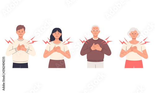 People suffering from chest pain vector set, characters having heart attack symptoms illustration on white background