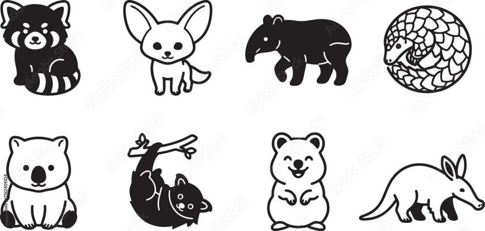 Naklejka premium Cute Animals Collection, Black and White Vector Illustrations, Adorable Wildlife Sticker Pack, Fennec Fox, Koala, Red Panda, Tapir, Sloth, Armadillo, Hamster, Snake, Educational Set For Design