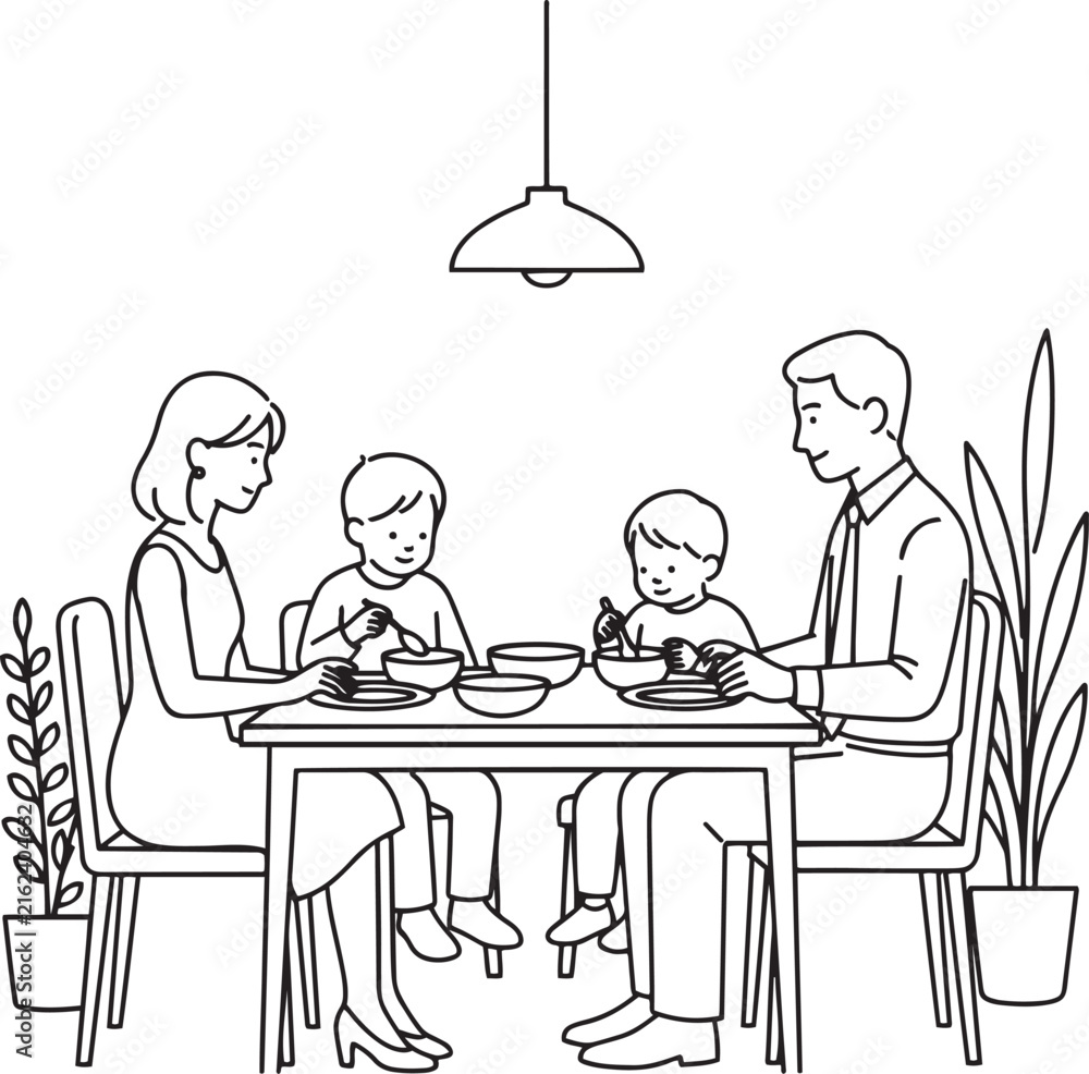 Fototapeta premium Happy family having dinner together at dining table line art illustration