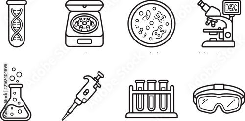 Bild auf Leinwand Microbiology laboratory icons line set; DNA, petri dish, microscope, centrifuge,