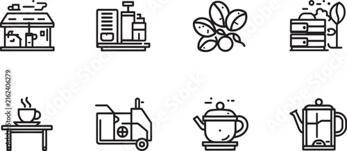 Coffee shop and beverage vector icon set. Hot drink and cafe outline symbols. French press, teapot, and pastry illustration for menu design.