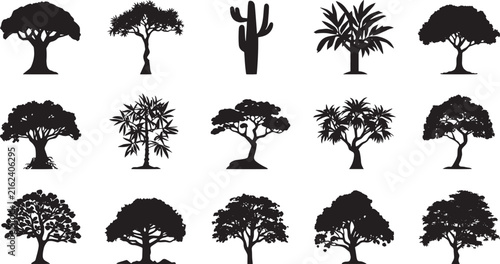Black tree silhouettes set, 15 nature plant icons vector, minimalist botanical landscape elements for outdoor design