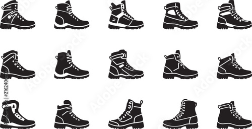 Hiking boots icon set, 15 black silhouette outdoor footwear vectors, rugged mountain trekking shoes for camping and adventure gear
