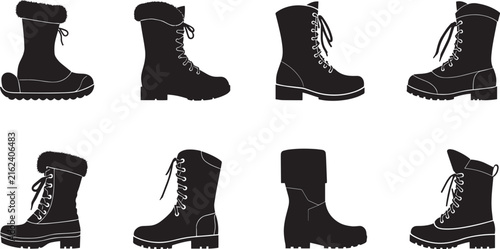 Winter boots silhouette collection, 8 black footwear icons, outdoor seasonal shoes set, hiking and snow boot vector illustrations