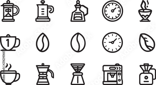 Minimalist coffee brewing icons, 15 line art vector elements. Espresso machine and cafe equipment set for menu design.